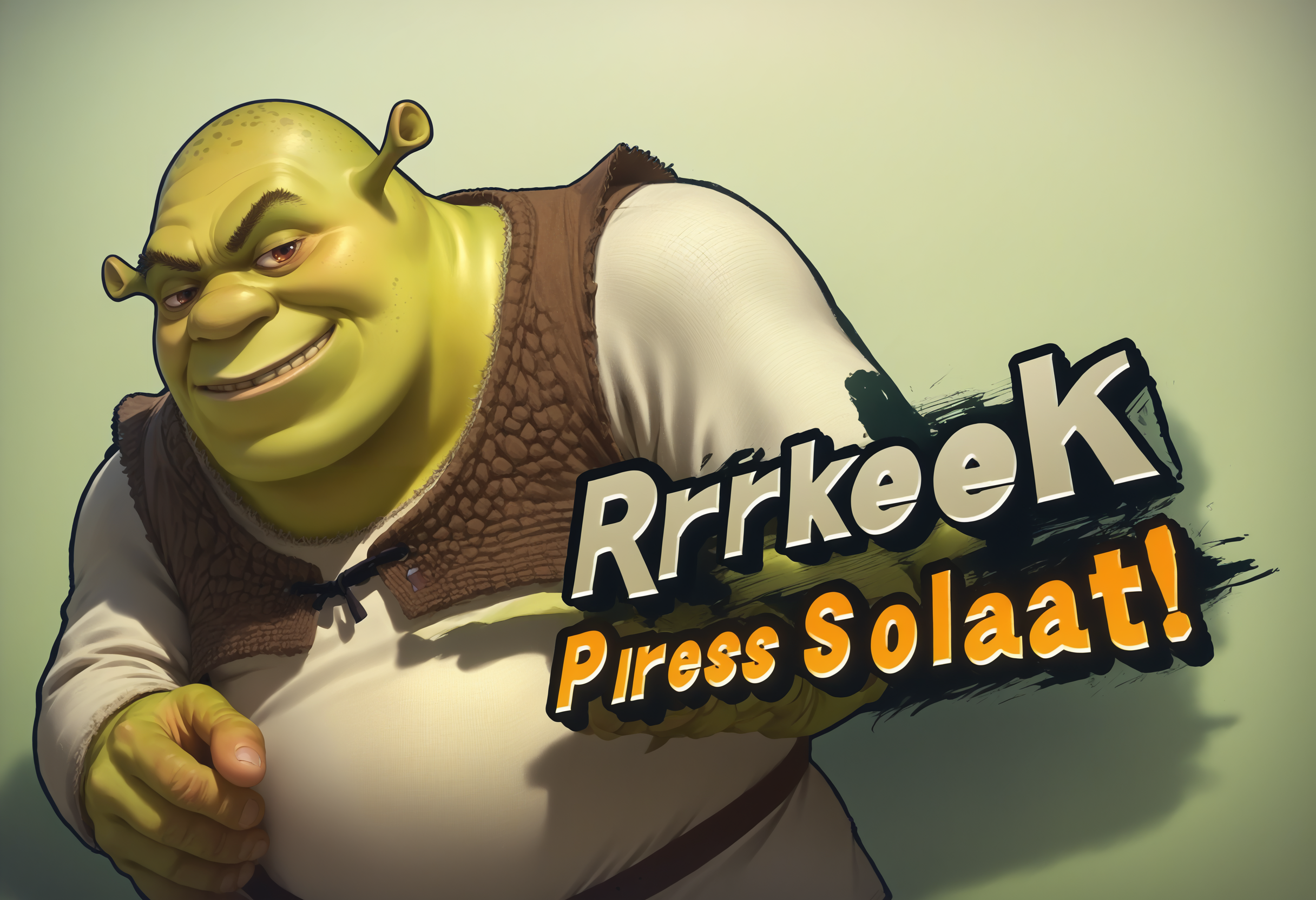 score_9, score_8_up, score_7_up, source_anime, 1boy, SSBUSplashArt, english text, <lora:SSBUSplashArt_XLPD_1:1.4>, <lora:Shrek_XLPD:0.9> shrek, green skin, bald, smirk,