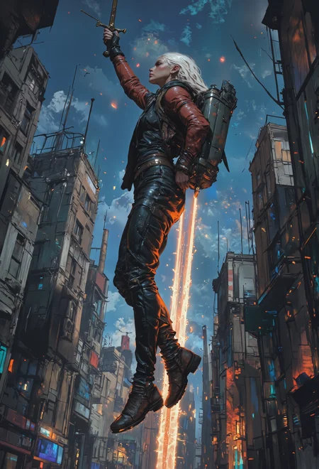 CGI image of a woman in leather, in a dark cyberpunk city. The city is abandoned. The image has a retro future aesthetic with oil panting influences. In a dark alley, a woman in leather clothes holds a silver sword while flying up with her jetpack. Orange flames shoot out from the jetpack as she flies. She looks up. Abstract and epic oil painting.