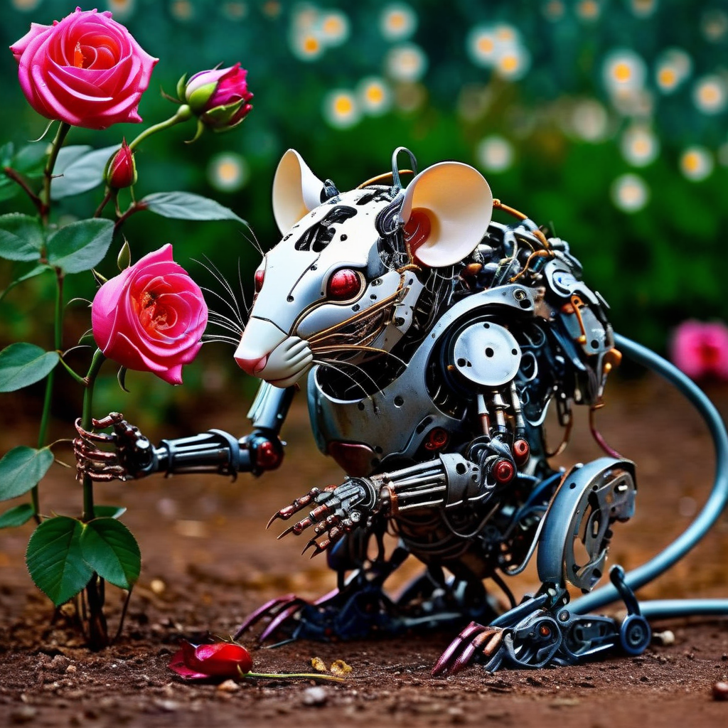 techmai robot rat in the garden with a rose <lora:techmai:1>