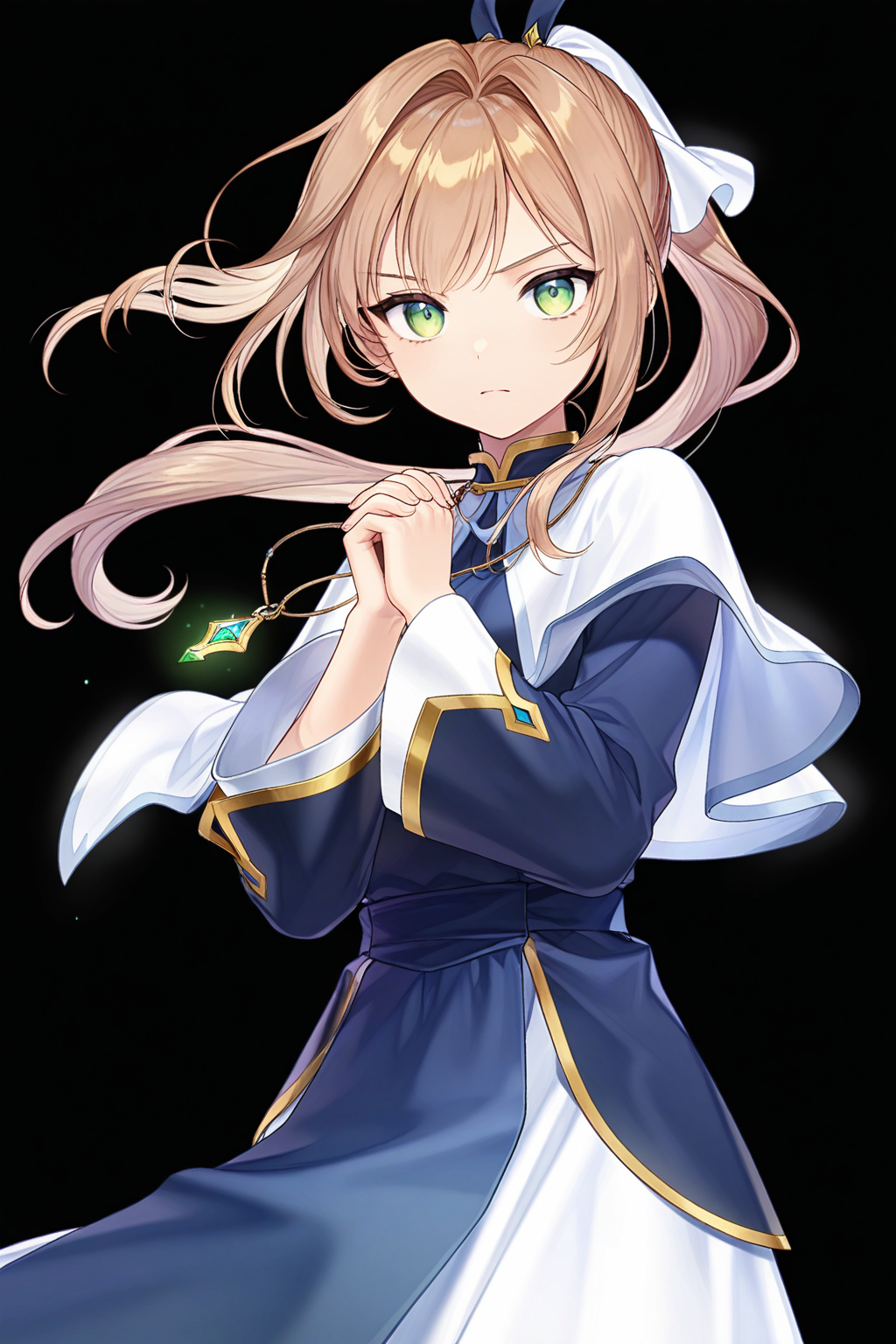 <lora:Epic_Seven_LorinaYunaDieneClarissa:0.9>,masterpiece,best quality,absurdres,intricate details,extremely detailed illustration,very aesthetic,official art,newest,amazing quality,
1girl,solo,green eyes,own hands together,long hair,dress,looking at viewer,simple background,ponytail,light brown hair,hair intakes,hair ribbon,ribbon,own hands clasped,standing,long sleeves,floating hair,blue dress,pelvic curtain,long_skirt,white skirt,capelet,white capelet,wide_sleeves,serious,holding,necklace,ftrecgfb,cowboy_shot,