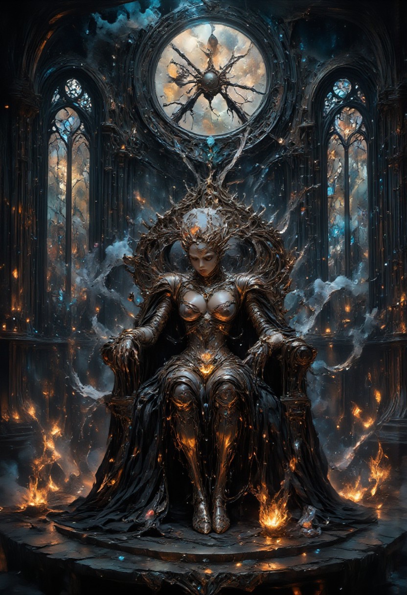ethereal vampire queen, regal vampire with piercing eyes and porcelain skin, adorned in flowing black gown with intricate silver embroidery, seated on an ebony throne carved with arcane symbols, surrounded by ancient tomes and mystical artifacts, castle walls adorned with pulsating runes casting an eerie glow, moonlight filtering through ornate stained glass windows, creating a captivating interplay of light and shadow, crystalline chalice, ancient spell book, lurking familiar, dark romanticism style, swirling mist curling around the throne, glowing runes pulsating with ethereal energy, shimmering aura surrounding the vampire, floating candles casting dancing shadows, spectral wisps drifting through the air, glowing eyes peering from dark corners, ayami kojima style, the vampire is hauntingly beautiful with alabaster skin, piercing silver eyes, and flowing platinum hair cascading over her shoulders, asymmetrical composition with focal point off-center