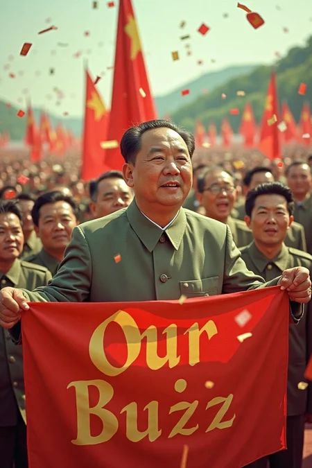 Chairman Mao at a vibrant public rally, 1960s rural China. Close-up shot, Mao centered, holding a bright red banner with 'Our Buzz' in bold English text. Colorful confetti swirling in air. Captured on high-contrast Kodachrome film, rich saturated colors, sharp details. Authentic vintage feel, grainy texture. Backdrop of lush green fields, red flags, enthusiastic crowd. Dramatic lighting emphasizing Mao's features. Style: vivid analog photograph, propaganda poster aesthetic