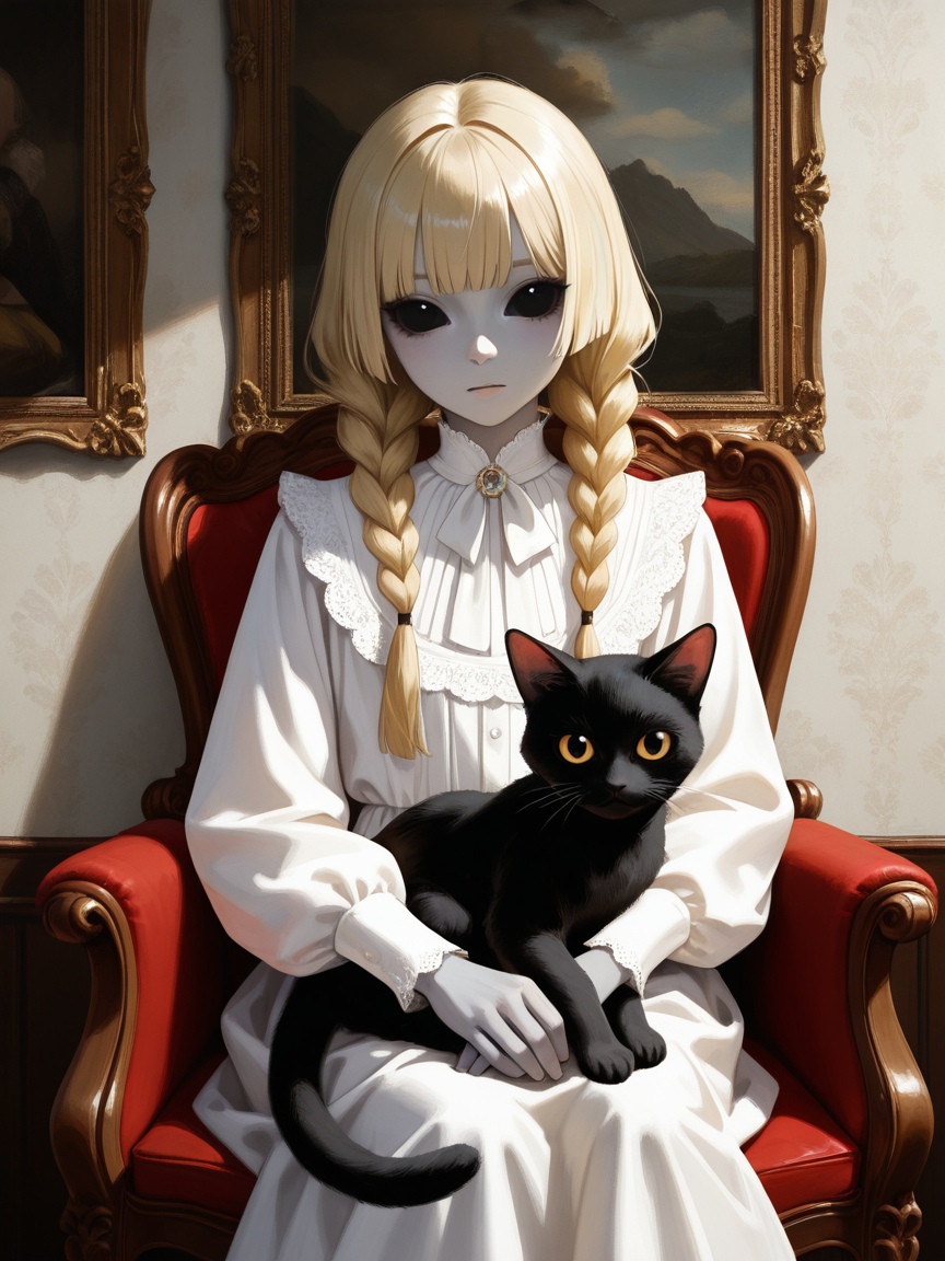 Best quality masterpiece  Amazing very aesthetic absurdres newest sharp beautiful emotional detailed, fine art parody,  embedding:my\ReaPnt1, painterly,  front view, 1girl,  androgynous, petite, grey alien, big head, monster girl, small body, very big eyes, grey skin, black eyes, black sclera, wig, blonde hair, hime cut, twin braids, (no ears:1.1), looking at viewer,  white shirt, lace trim,  victorian room, sitting on chair, elegant,  black cat sitting on lap,   <lora:SPOl_10ep_4k>