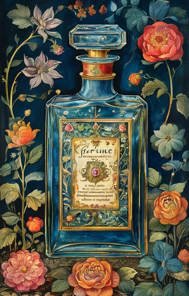 masterpiece,best quality,<lora:tbh294-sdxl:0.9>,illustration,style of Illuminated manuscript A bottle of perfume in garden