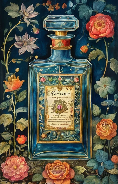 masterpiece,best quality,<lora:tbh294-sdxl:0.9>,illustration,style of Illuminated manuscript A bottle of perfume in garden