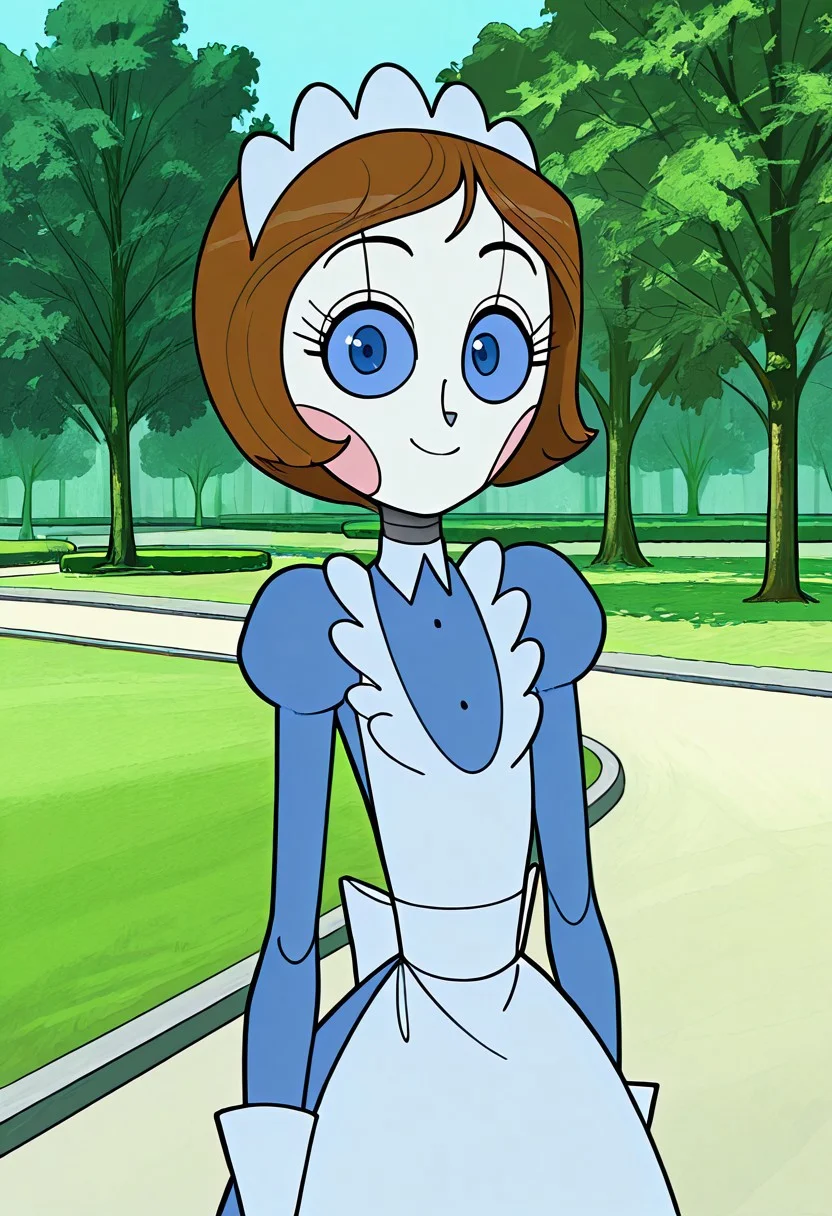 1girl, score_9, score_8_up, score_7_up, Polly, Brown Hair, Short Hair, Blue Eyes, Maid Headdress, Apron, Maid Uniform, Long Sleeves, Juliet Sleeves, Blush Stickers, Android, Joints, Outdoors, Park, looking at viewer, lowered eyelids, polite smile, detailed, masterpiece