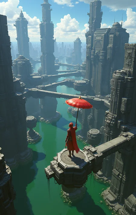 a futuristic cityscape. At the center is a female warrior in red armor, wearing a helmet and cloak, standing on an elevated platform with her back to us, holding a sword. Above her hovers a red umbrella. Surrounding her are many buildings and platforms floating in the air, constructed from metal and glass, exuding a high-tech vibe. Some buildings have distinct signs or emblems. The scene’s color palette leans towards darkness but is brilliantly illuminated by sunlight piercing through clouds. Additionally, there is green water reflecting the shadows of buildings and sky.