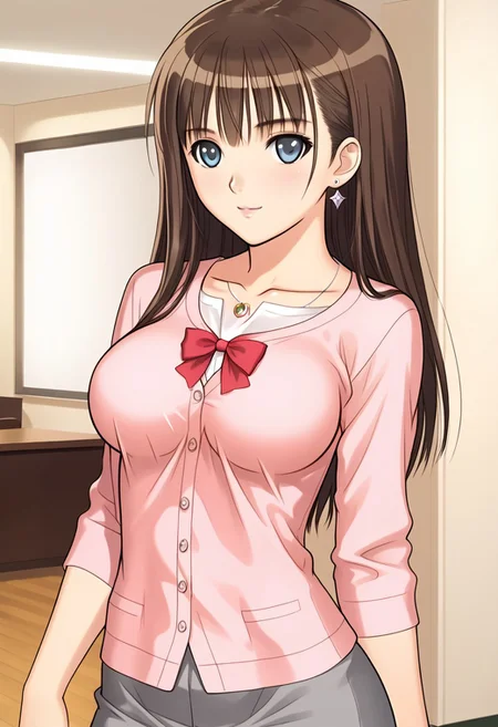 in school, jewel necklace, (seductive body, long hair, long sidelock hair, brown hair,  ribbon on hair, grey skirt, solo, pink cardigan, black t-shirt, pencil skirt,collarbone,), thigh-highs, 1girl, best quality, cowboy shot, seductive smile, tony taka, Overall Detail, (slim, contrapposto, standing, earrings, looking at viewer, young-adult), large breast, tony taka, negative hand, Fix hand