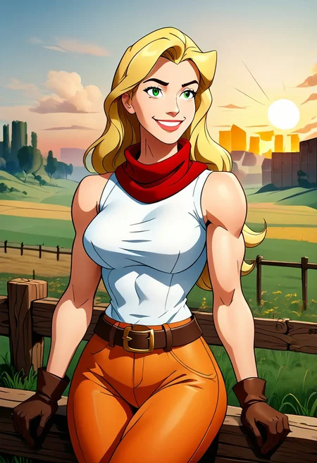 4K, masterpiece,full body portrait,flat colors,vibrant colors, t00nstyl3, single female, cowgirl, leaning against fence, flirting, crossed legs,highly detailed gorgeous face, large breasts,long hair,blonde hair,sensual smile,confident,green eyes,highly detailed eyes, muscular,
sleeveless turtleneck,white crop top, white cowboy hat,red scarf around neck, leather gloves,belt,orange pants, bare arms, bare midriff, bare shoulders
wheat field, sunrise, summer