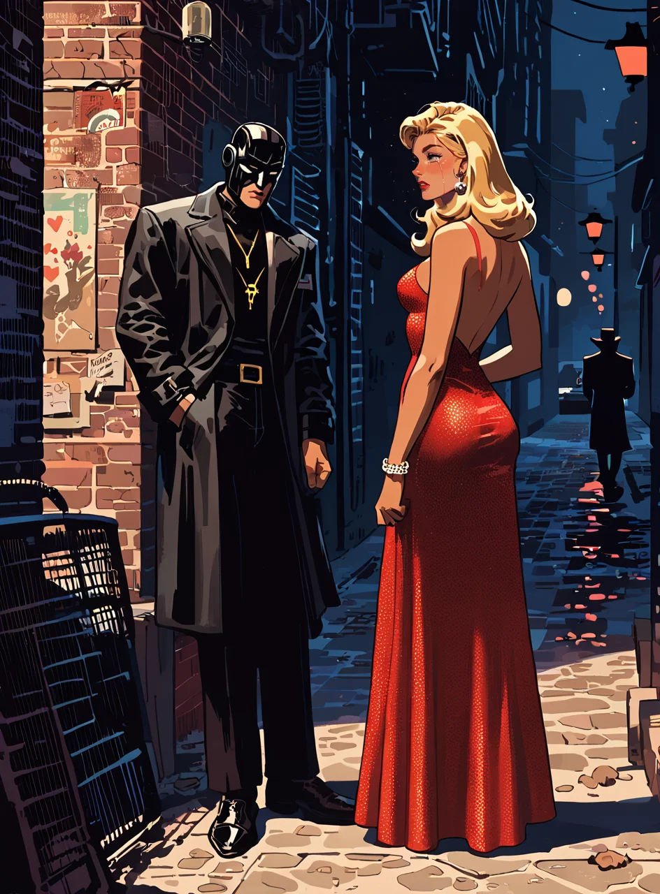 score_9, score_8_up, score_7_up, <lora:classcompxl:0.6>, classcompxl, best quality, masterpiece, comic, 1girl, red dress, blonde, noir, alley, dark, nighttime, streetlamp, tears, clrying,