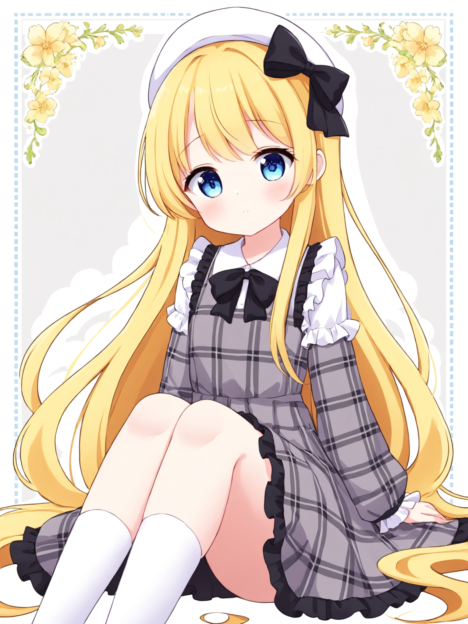 1girl,blonde hair,long hair,solo,hat,dress,blush,socks,bow,long sleeves,blue eyes,white headwear,shirt,looking at viewer,white socks,sitting,white shirt,bangs,floral background,very long hair,black bow,plaid,beret,kneehighs,grey dress,frills,sleeveless dress,flower,sleeves past wrists,closed mouth,frilled dress,sleeveless,<lora:YPWR-SDXL-LOCON-2025.3.16-64-32-16-8:0.8>,