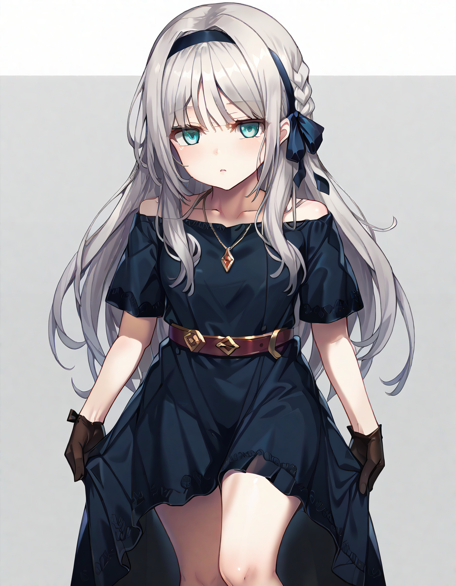 score_9, score_8_up, score_7_up, rating:explicit BREAK, long hair,silver blonde hair, aqua eyes, hairband, An-94_orchest, orchest_heels, orchest_belt, orchest_jewelry, orchest_hair_ribbon, orchest_dress, orchest_gloves, orchest_side_braid,thighs,off-shoulder_dress BREAK, simple background, white background