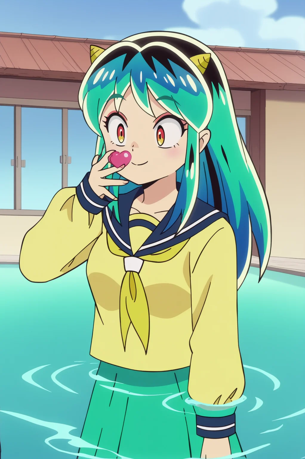 anime screencap,  Submerged city beneath the ocean's depths, teeming with marine life, BREAK anime screencap,  Sailor Uniform, Lum, light smile, oni horns, Blowing a kiss,  <lora:Private_Urusei_Yatsura_2022_-Lum-_PDXL_v2:0.8>