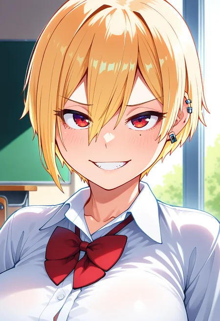 masterpiece, best quality, amazing quality, 1girl, solo, (portrait:1.2), kikkawaww, red eyes, blonde hair, short hair, hair between eyes, mole under eye, earrings, ear piercing, large breasts, school uniform, red bowtie, white collared shirt, untucked shirt, looking at viewer, grin, indoors, day, skindentation, detailed clothing folds, depth of field, sharp, high contrast, dynamic light <lora:Kikkawa_Sweet_and_Hot_ill_v20:0.9>