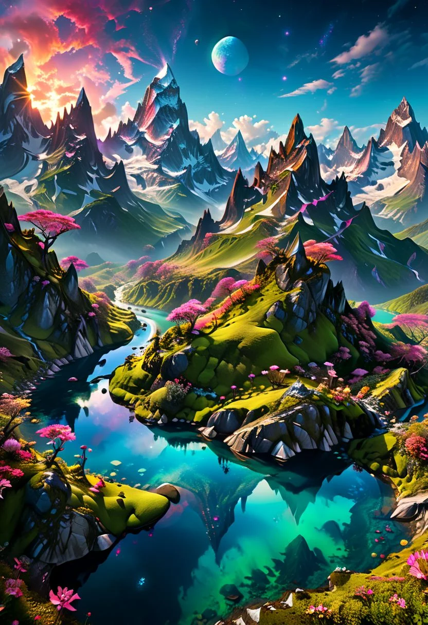 Render a fantastical mountain range on an alien world, with jagged peaks covered in luminescent moss and strange, glowing flowers. A crystal-clear river winds through the valleys, reflecting the vibrant colors of the sky. Above, multiple moons and a swirling galaxy provide a breathtaking backdrop. Best quality, high resolution, extremely detailed, 8k.