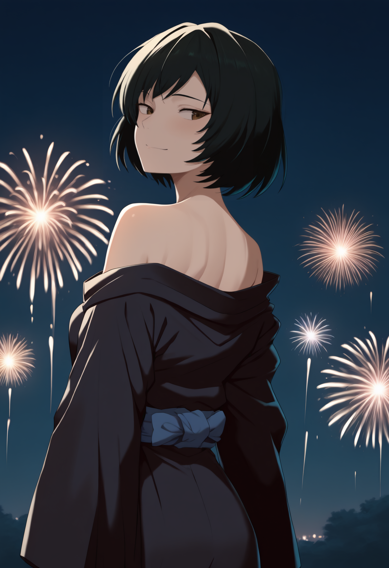 masterpiece, best quality, newest, anime, from behind, solo, 1girl, m4i, slight smile, looking back, short hair, black hair, brown eyes, japanese clothes, black kimono, off shoulder, blue sash, bare shoulders, outdoors, night, fireworks
<segment:yolo-face_yolov8m.pt,0.4,0.5//cid=1>