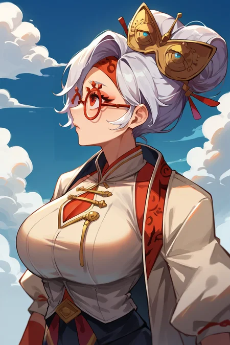 score_9, score_8_up, source_anime, 1girl, solo, (realistic:0.5) <lora:purah-pdxl-nvwls-v1-000005:1> purah, hair ornament, red headband, red glasses, sleeveless shirt, white coat, black skirt, red leggings, gloves, (large breasts:0.8), profile, looking up, blue sky, clouds, standing