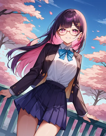 score_9, score_8_up, score_7_up, source_anime,
honkaisparkle, <lora:honkai-sparkle-ponyxl-lora-nochekaiser:1>,
sparkle school uniform, black hair, colored inner hair, glasses, hair intakes, hair ornament, hairclip, long hair, multicolored hair, pink eyes, purple hair, straight hair, smile,
black jacket, black skirt, blazer, blue ribbon, collared shirt, high-waist skirt, jacket, long sleeves, neck ribbon, open clothes, open jacket, pleated skirt, ribbon, school uniform, shirt, skirt, white shirt,
outdoors, cherry blossoms,
looking at viewer, cowboy shot, dutch angle,