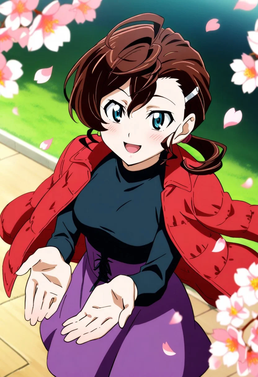 1girl,Inuyama Mana,GeGeGe no Kitarou,year 2019,solo,from above,day,Exquisite cherry blossom garden in full bloom,cherry blossom petals are falling,cowboy shot,looking up,happy smile,cupping hands,(lavenderblush skirt:1.5),(Lace-up:1.2) (high-waist:1.5) skirt,blue eyes,(unworn jacket on shoulders:1.5),crimson (Down jacket:1.4),(right Placket jacket:1.5),1 hair tie,Ahoge,(wavy hair),(Brown:1.5) medium hair,swept bangs and (hair pulled back:1.2),(low ponytail),hair between eyes,(single hair intake:1.5),sideburns,(Loose high-neck) topwear,(black topwear),pantyhose,1 silver zipper of jacket,1 silver hairpin,masterpiece, best quality, very aesthetic, absurdres,perfect