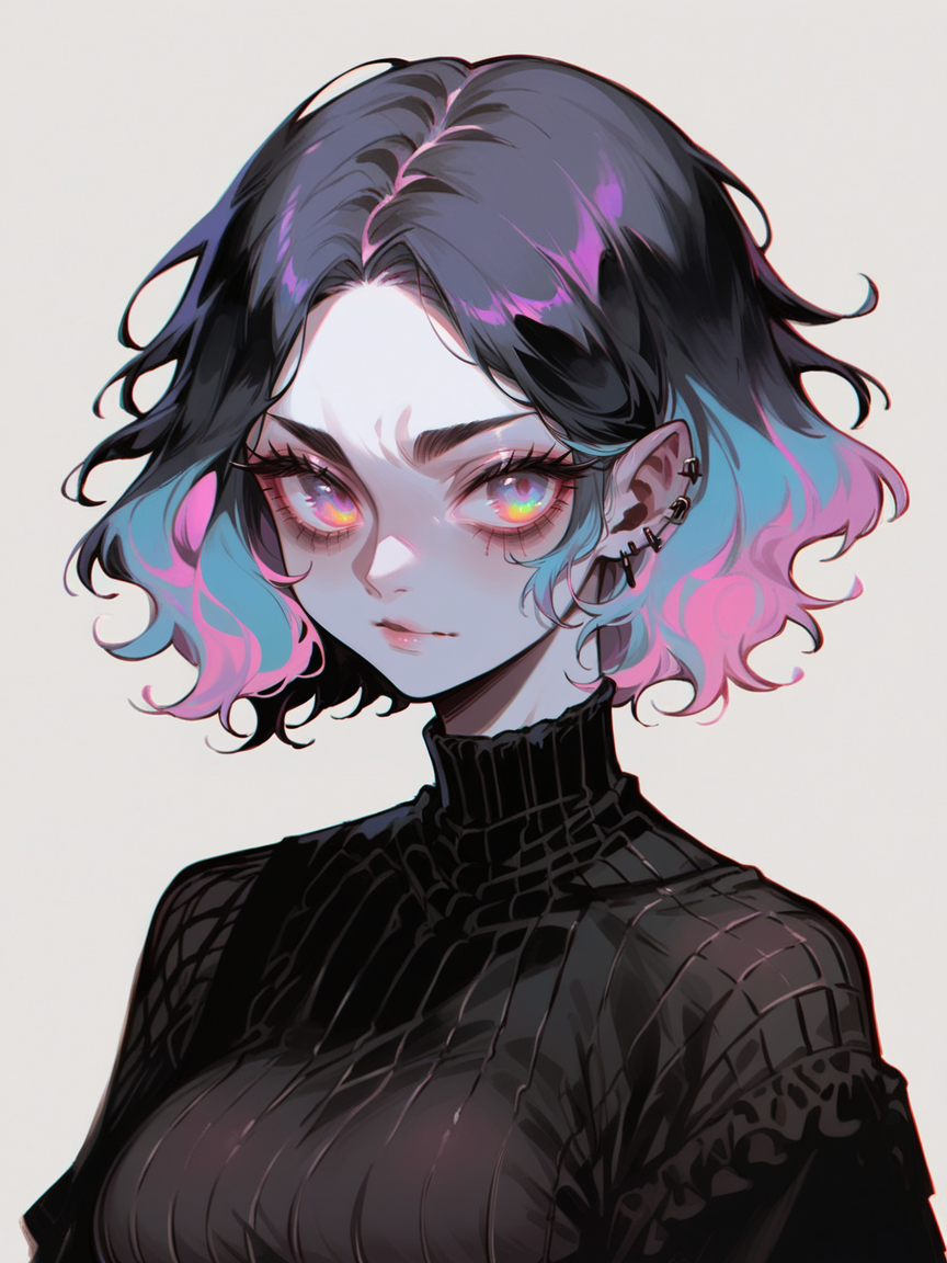 score_9, score_8_up, score_7_up, score_6_up, <lora:1r3gl1XLP:0.8> 1r3gl1, trippy, 1girl, multicolored hair, multicolored eyes, large breasts,