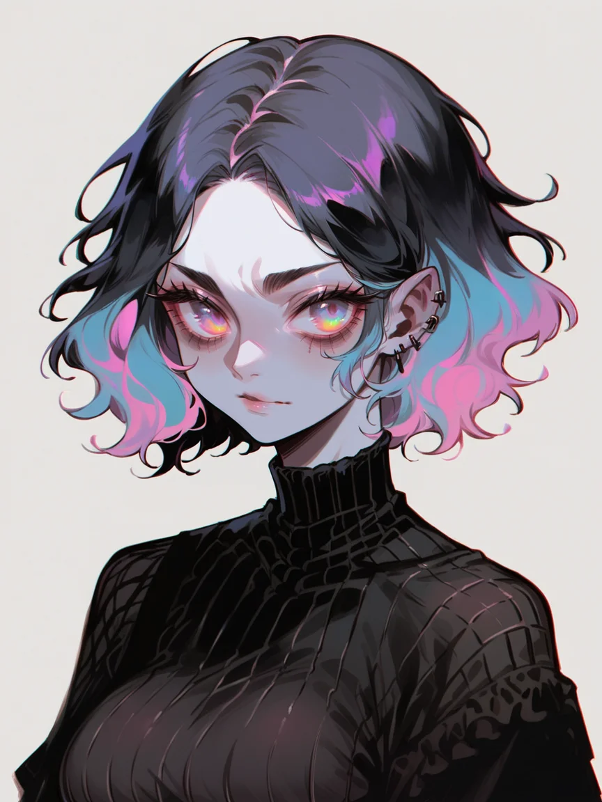 score_9, score_8_up, score_7_up, score_6_up, <lora:1r3gl1XLP:0.8> 1r3gl1, trippy, 1girl, multicolored hair, multicolored eyes, large breasts,