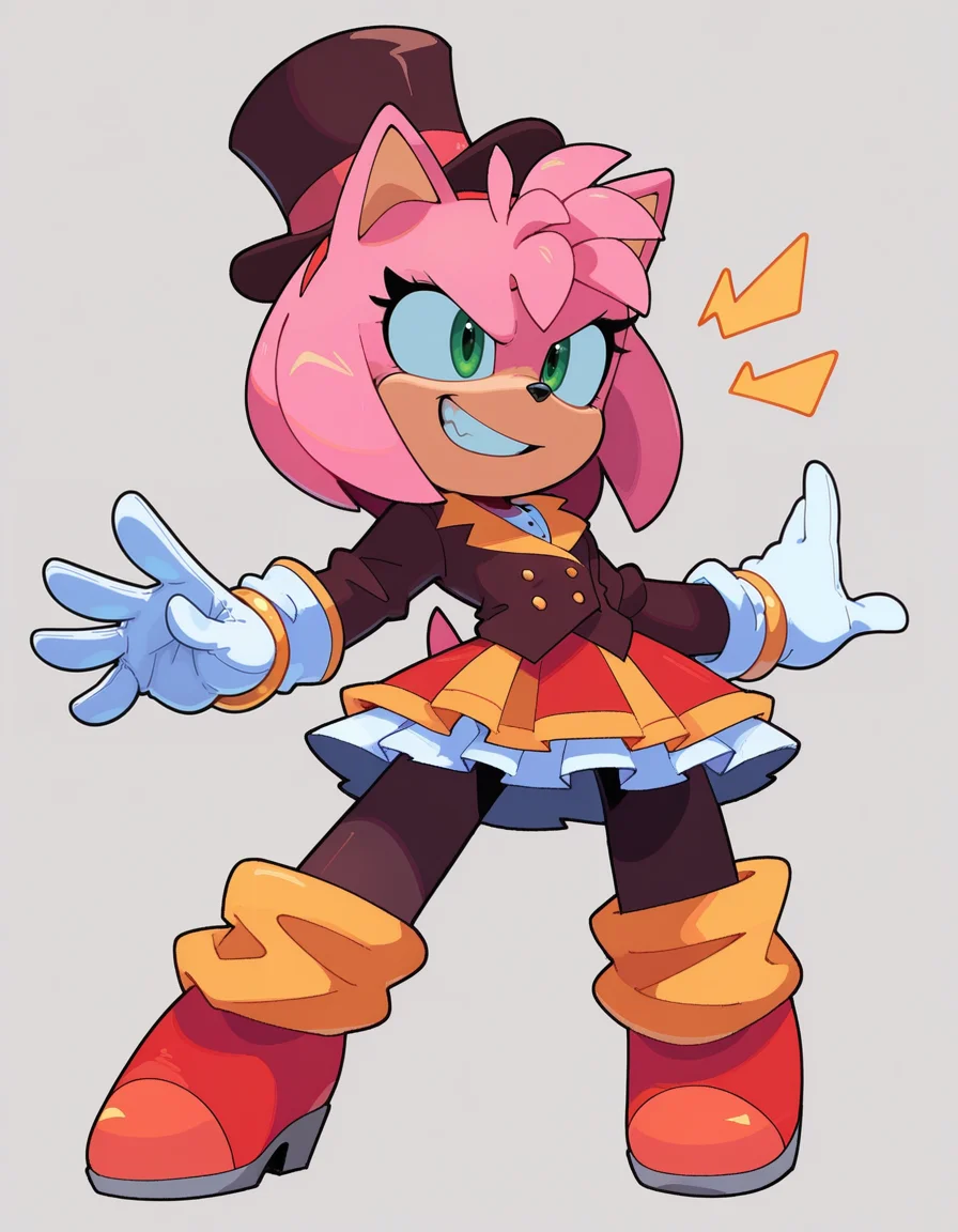 1girl, solo, full body, no humans,
<lora:Movie-Amy:1> movieamy, pink fur, green eyes, animal nose, body fur, hedgehog tail, petite, short legs, short hair, bob cut,
white gloves, <lora:BacunNG-26:1.0> bacun,
circus uniform, blazer, tiered skirt, pantyhose, top hat, bow, standing, arms outstretched, wide grin, energized eyes, lively stance, extremely detailed, highres, masterpiece, best quality