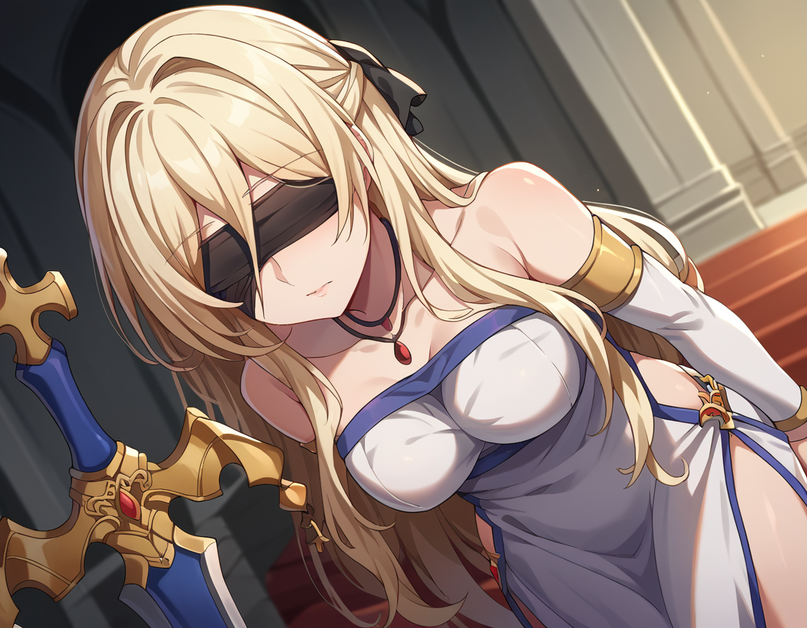 score_9, score_8_up, score_7_up, source_anime, 
swordmaiden, <lora:sword-maiden-ponyxl-lora-nochekaiser:1>, 
sword maiden, long hair, bangs, blonde hair, blindfold, covered eyes, black blindfold, 
dress, jewelry, weapon, sword, necklace, white dress, bare shoulders, collarbone, 
indoors, church, bent over,
looking at viewer, cowboy shot, dutch angle,