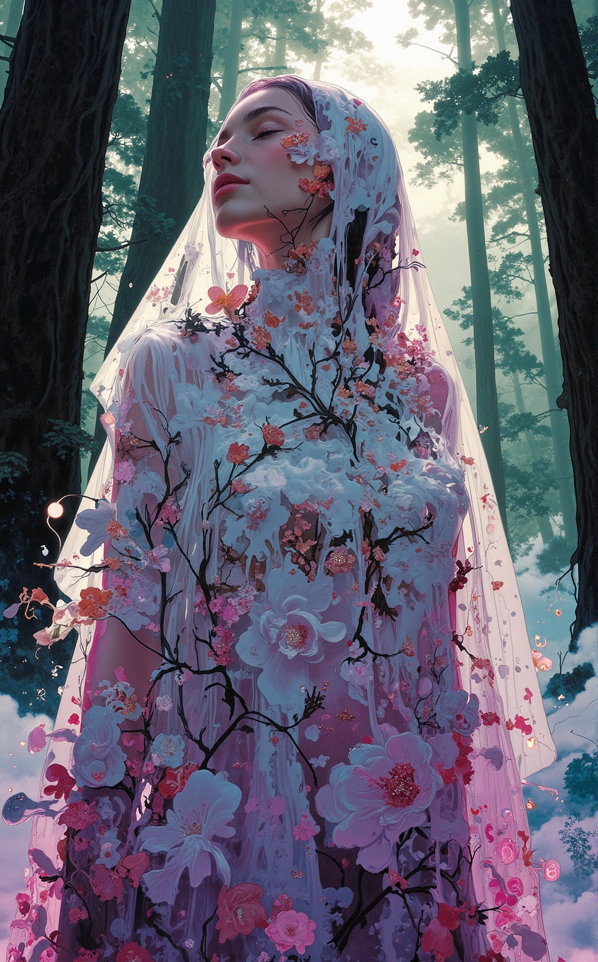 Off-center composition, wide-angle with subject facing away, A woman draped in a sheer, flowing veil seems to dissolve into a cascade of flowers that burst from the fabric. Her face is serene, eyes closed, as petals and vines emerge from her body, intertwining with the veil to form a lush, organic cocoon. The colors shift from deep purples to soft pinks, creating a sense of transformation and rebirth. Behind her, the background melts into swirling clouds, giving the image a dreamlike quality, Amidst Towering Redwood Trees in a Misty Forest: The colossal trees rise into the sky, their trunks enhanced with nano-bark for added strength. Fog clings to the ground, broken only by the occasional beam of light from overhead surveillance drones. The forest floor is lined with cybernetic flora, their faint, pulsing lights creating an eerie ambiance., stacked papercut art of photography art by Bill Henson, manga art by Kazuo Koike, , Gritty, visceral, historical, complex narratives, exploration of honor and samurai ethics, Contemporary photography, moody and atmospheric portraits, exploration of light and shadow, provocative themes . 3D, layered, dimensional, depth, precision cut, stacked layers, papercut, high contrast