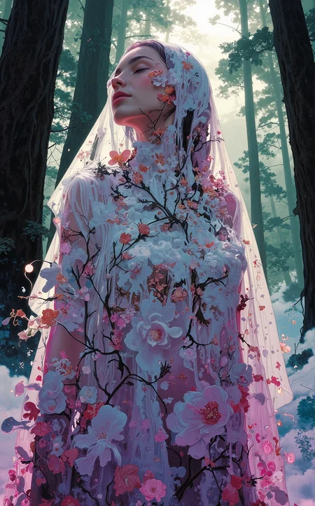 Off-center composition, wide-angle with subject facing away, A woman draped in a sheer, flowing veil seems to dissolve into a cascade of flowers that burst from the fabric. Her face is serene, eyes closed, as petals and vines emerge from her body, intertwining with the veil to form a lush, organic cocoon. The colors shift from deep purples to soft pinks, creating a sense of transformation and rebirth. Behind her, the background melts into swirling clouds, giving the image a dreamlike quality, Amidst Towering Redwood Trees in a Misty Forest: The colossal trees rise into the sky, their trunks enhanced with nano-bark for added strength. Fog clings to the ground, broken only by the occasional beam of light from overhead surveillance drones. The forest floor is lined with cybernetic flora, their faint, pulsing lights creating an eerie ambiance., stacked papercut art of photography art by Bill Henson, manga art by Kazuo Koike, , Gritty, visceral, historical, complex narratives, exploration of honor and samurai ethics, Contemporary photography, moody and atmospheric portraits, exploration of light and shadow, provocative themes . 3D, layered, dimensional, depth, precision cut, stacked layers, papercut, high contrast