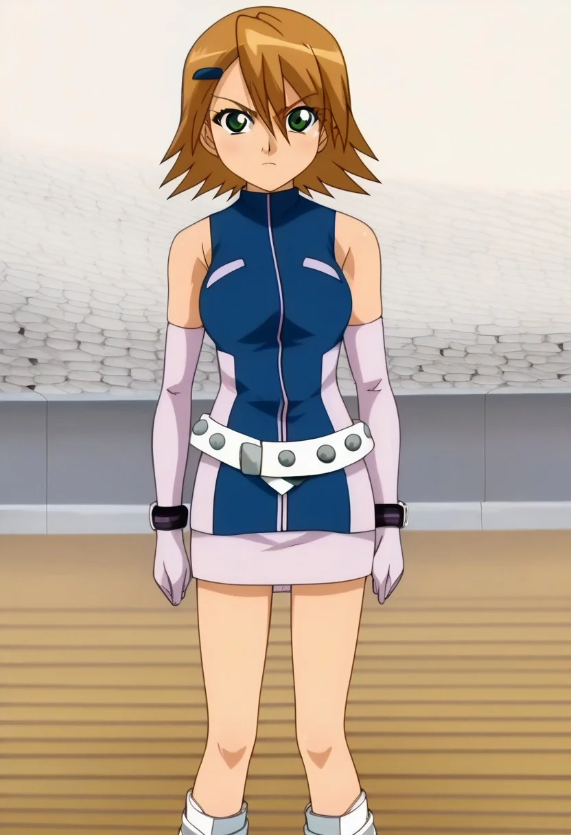 score_7, high_resolution, hyper_detail, finely_detailed,anime_screencap, traditional_media,detailed face,BREAK zPDXLx, mur4k4mi-ip, taylor /(bakugan/),1girl,solo,gloves,elbow,gloves,boots,brown hair,belt,hairclip,short hair,hair ornament,dress,bare shoulders,standing,skirt,knee boots,green eyes