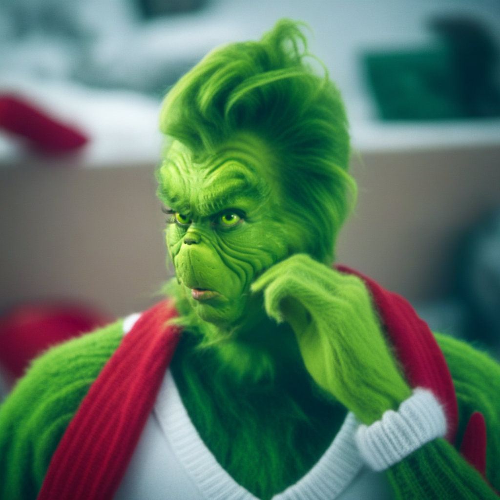 Grinch1024, a humanoid with green fur and green skin, big beard, manbun, sweater, tshirt, christmas tree, livingroom, gifts,  detailed eyes, highly detailed, photography, ultra sharp, film, bokeh, professional, 4k <lora:Grinch1024:0.8>