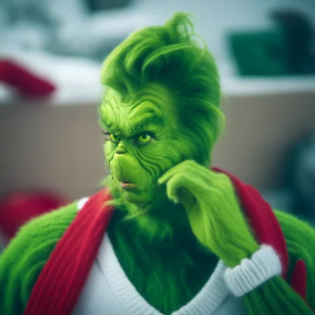 Grinch1024, a humanoid with green fur and green skin, big beard, manbun, sweater, tshirt, christmas tree, livingroom, gifts, detailed eyes, highly detailed, photography, ultra sharp, film, bokeh, professional, 4k <lora:Grinch1024:0.8>