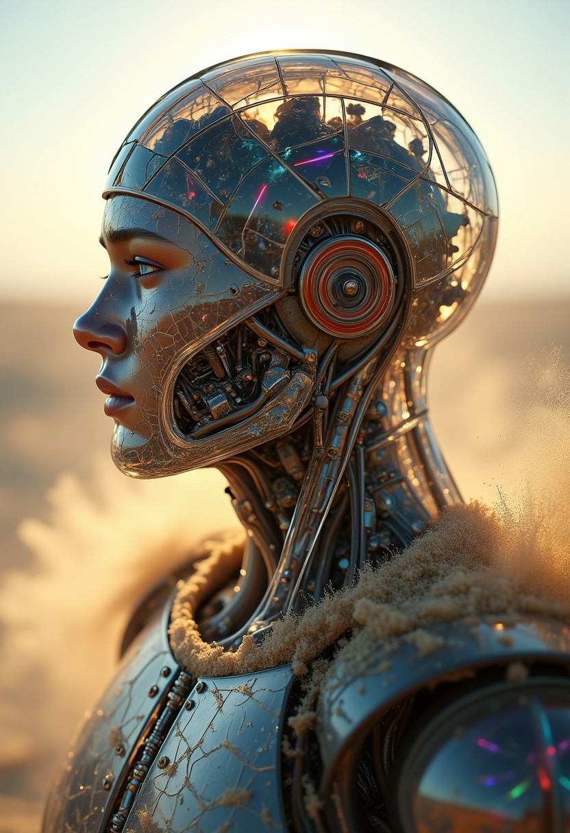 ajspctrbot. Cinematic, photorealistic extreme close-up of a war robot, constructed from semi-transparent, glass-like material, its once-pristine surface now shattered and fractured. Missing limbs and sections of its torso expose scorched, mechanical innards, while beams of light refract through the broken glass, casting colorful, distorted reflections across the desolate form. The robot's head is cracked, and parts of the faceplate are missing, revealing twisted, burnt metal underneath. Microfractures spider across its body, with mechanical parts twitching feebly beneath the damaged, soot-streaked plating. Dust and sand cling to its exposed components, and particles of dust float in the air, illuminated by harsh, directional light that slices through the haze. The background is a blurred, bleak desert wasteland, emphasizing the robot's broken and abandoned state.