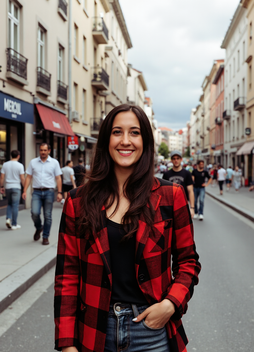 SFW, brightly lit, The image is a portrait of a woman standing on a busy street in a European city. She is wearing a red and black plaid blazer over a black top and blue jeans. She has long e hair and is smiling at the camera. The street is lined with buildings on both sides and there are people walking on the sidewalk. The sky is overcast and the overall mood of the image is happy and relaxed., aidmaimageupgrader<lora:flux\custom\celebrity\vanessa-carlton.safetensors:1.05:1.05> <lora:flux\turbo-8-step-flux.safetensors:0.5:0.5> <lora:flux\style\Common\aidmaImageUprader-FLUX-v0.3.safetensors:0.25:0.25>