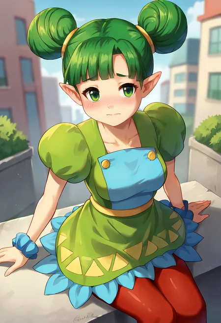score_9, score_8_up, score_7_up, masterpiece, source_anime, 1girl, ct_farore, green hair, green eyes, double bun, short hair, puffy short sleeves, dress, frilled skirt, blue scrunchie, red pantyhose, outdoors, city, depth of field, looking at viewer, cowboy shot, medium breasts, shiny skin, blush, sitting, from above, foreshortening, <lora:Farore_Pony_ct:1>