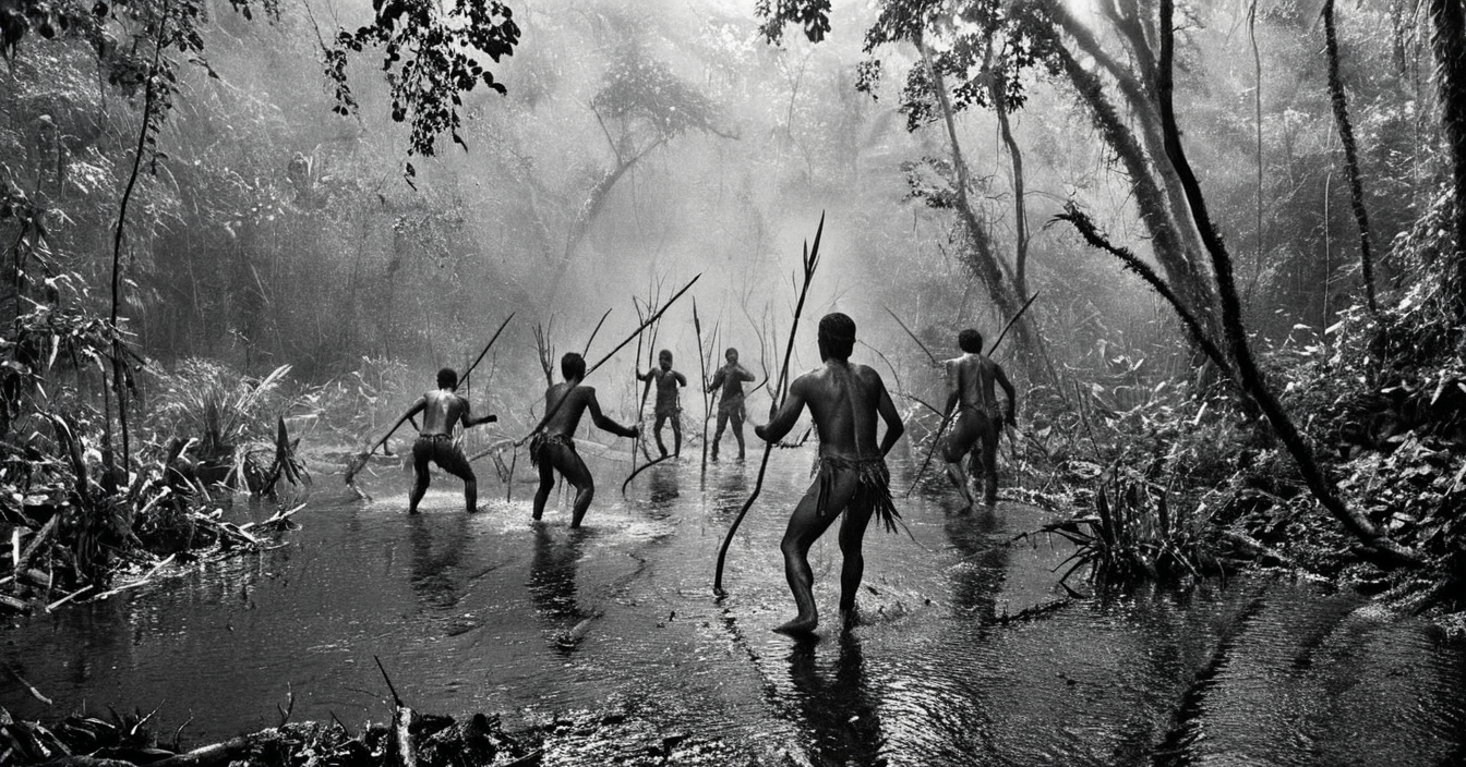 black and white photograph of few indigenous people hunting with spears and sticks in the amazonian rain forest, insane details, dramatic lights, high definition, 35mm camera, film photography style, heavy grain, ral-chrosc-bw, masterpiece, national geographic style, strong vignette, high contrast