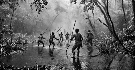 black and white photograph of few indigenous people hunting with spears and sticks in the amazonian rain forest, insane details, dramatic lights, high definition, 35mm camera, film photography style, heavy grain, ral-chrosc-bw, masterpiece, national geographic style, strong vignette, high contrast