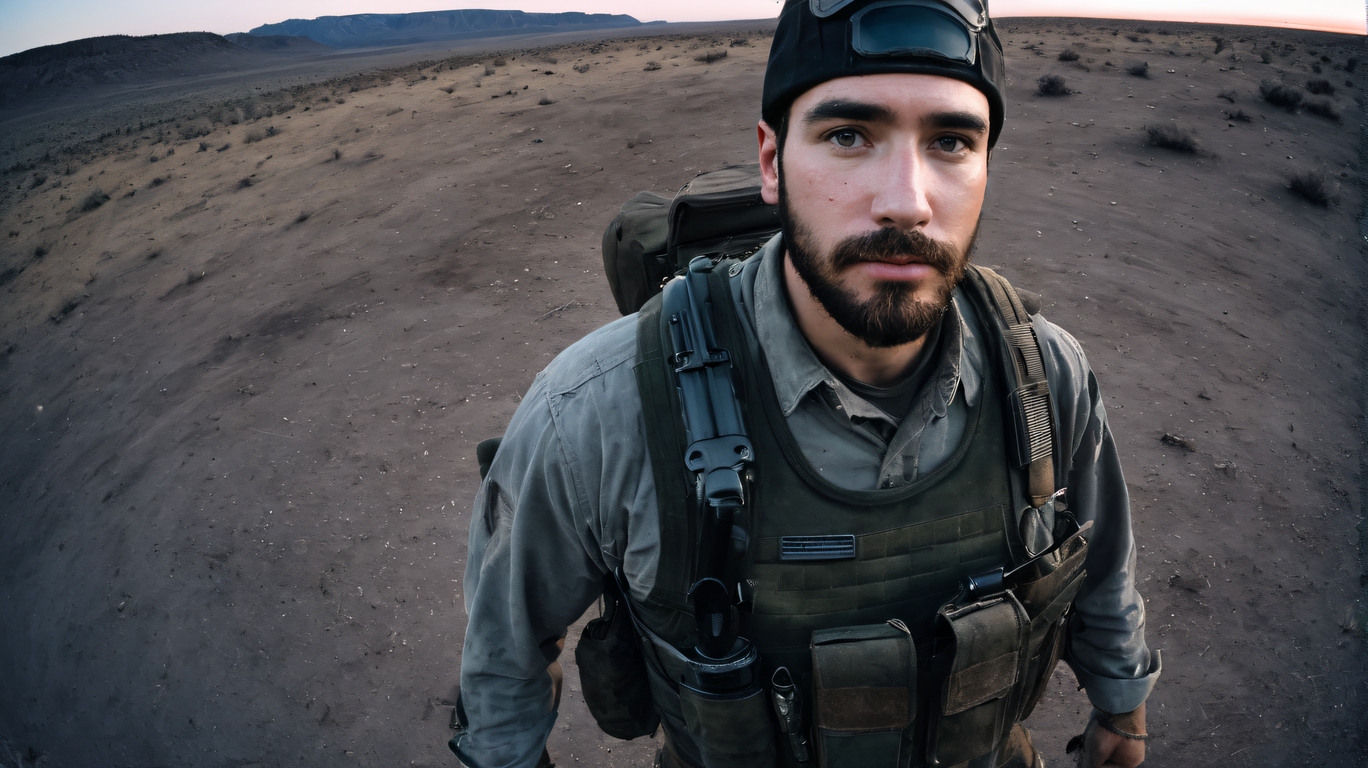 a candid photo of a (gritty and dirty:1.4) 30 year old huge, and peach eyes, Cold male  carabiner with a Chestnut combover hairstyle and square beard, armed with a armed with a laser rifle, wearing  army gear with brush country camo, HRT TACTICAL HRAC PLATE CARRIER, condor compact utility pouch, and a 5.11 UNIFORM HAT on the head, cowboy shot, in dusty post-apocalyptic wasteland, autumn, midnight, 8mm fisheye Lens, shot on Holga 120N, vignette, blurry, low-fi, light leaks, retro, volumetric lighting, Black Point, (perfect photo:1.2), 16k resolution,  grit, grunge, wear and tear, <lora:!action-sdxl-V0.5:1.2>,  <lora:JuggerCineXL:1>,  <lora:Grit-SDXL:1.2>