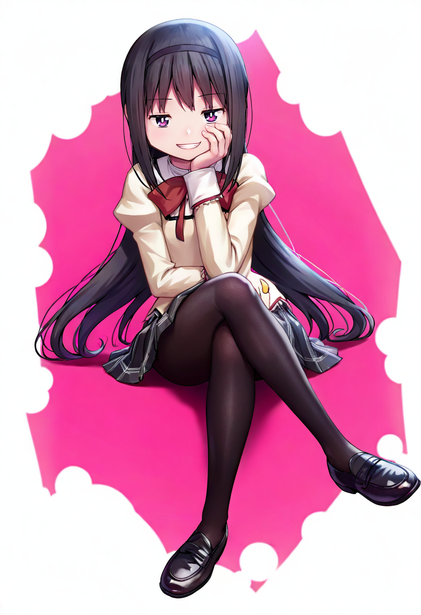 1girl,akemi homura,mahou shoujo madoka magica,mahou shoujo madoka magica: walpurgis no kaiten,black hair,black hairband,black pantyhose,black skirt,bow,bowtie,bright pupils,cropped legs,crossed legs,evil grin,evil smile,grin,hairband,head rest,juliet sleeves,long hair,long sleeves,pantyhose,pink background,puffy sleeves,red bow,red bowtie,red eyes,sitting,skirt,smile,solo,sweater,white background,white pupils,yellow sweater,two-tone background,plaid skirt,black footwear,pink theme,looking at viewer,hand on own cheek,plaid,pleated skirt,school uniform,mitakihara school uniform,shoes,hand on own face,loafers,simple background,sidelocks,arm support,very long hair <lora:manaXL_NBVP1_lokr_V6311PZ:0.95>