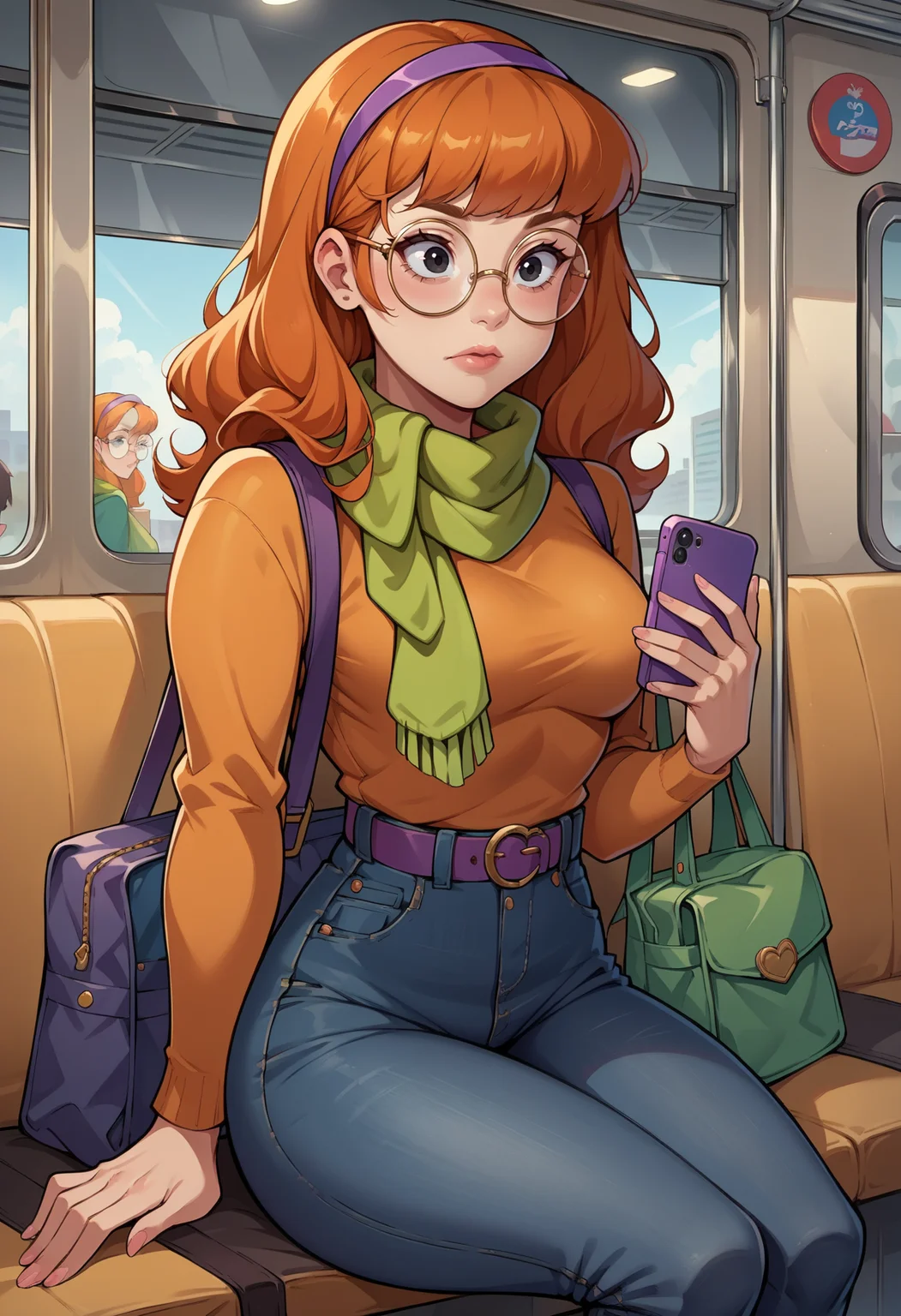 score_9, score_8_up,score_7_up, source_anime,1girl, solo,<lora:EPsbdDaphne:1>, EPsbdDaphne, orange hair, long hair, black eyes, purple hairband, green scarf,
medium breasts, sweater,tight clothing,sitting,subway,looking at phone,high-waist jeans,bag,belt,round-frame glasses