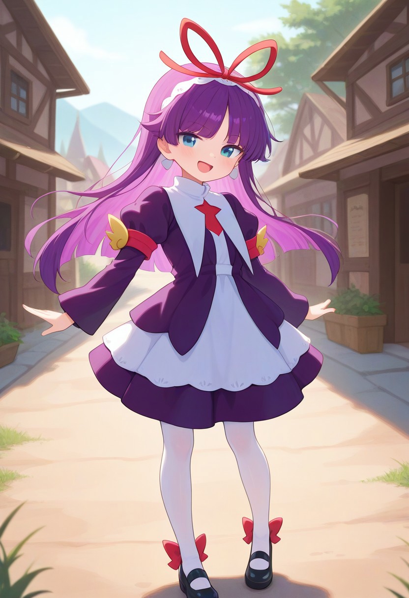 <lora:PFeli_SDXL_Illustrious01_fp16_ver01:1>,PFeli, 1girl, long hair,purple hair, white pantyhose, dress,red ribbon, blue eyes, black footwear, long sleeves, red bow, hairband, cute pose, smile, open mouth, standing, village, look at viewer, lovely, cute, adorable, newest, masterpiece, best quality, very aesthetic, absurdres,<lora:detailed_hands:1>,hand
