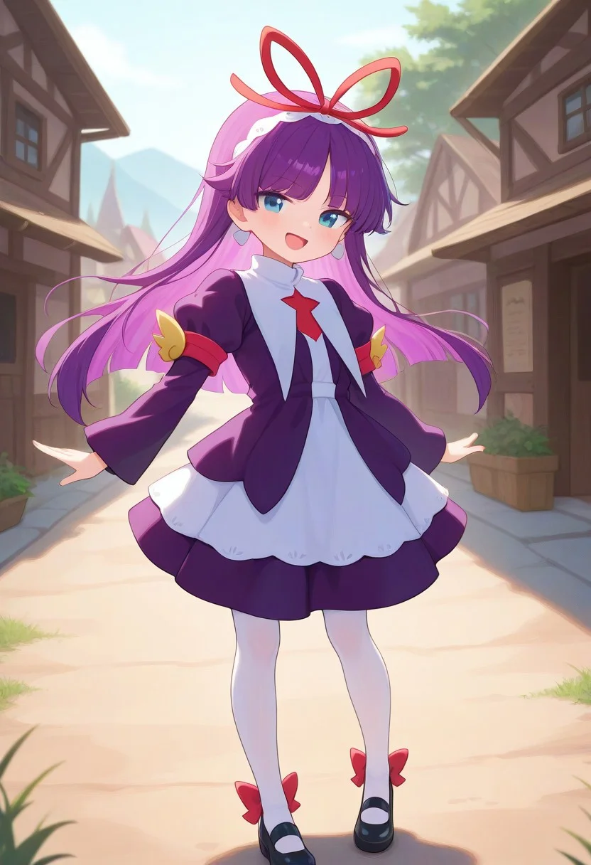 <lora:PFeli_SDXL_Illustrious01_fp16_ver01:1>,PFeli, 1girl, long hair,purple hair, white pantyhose, dress,red ribbon, blue eyes, black footwear, long sleeves, red bow, hairband, cute pose, smile, open mouth, standing, village, look at viewer, lovely, cute, adorable, newest, masterpiece, best quality, very aesthetic, absurdres,<lora:detailed_hands:1>,hand