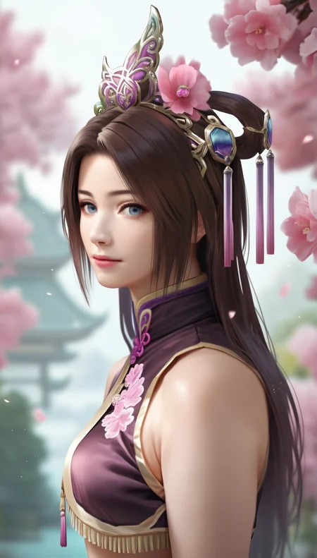 score_9,score_8_up,score_7_up,
<lora:diaochan:0.9>,
diaochan,
highres,photorealism,bloom,
1girl,solo,brown hair,long hair,bangs,
blue eyes,looking at viewer,
purple ornate headdress with intricate designs and a gemstone centerpiece,purple tassel,
purple top with gold embellishments and tassel,
portrait,left view,
blurry background,outdoors,peach blossom,light particles,