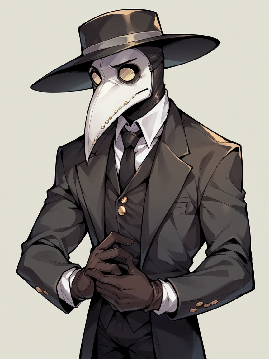 score_9, score_8_up, score_7_up, score_6_up, score_5_up,   <lora:PlagueDoctorXLP:1> plague doctor, mask, hat, solo, gloves,suit, 1boy