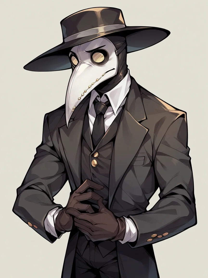 score_9, score_8_up, score_7_up, score_6_up, score_5_up, <lora:PlagueDoctorXLP:1> plague doctor, mask, hat, solo, gloves,suit, 1boy