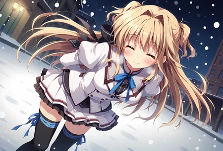 score_9, score_8_up, score_7_up BREAK
source_anime, rating_safe, dutch angle, outdoors, city, street, snowing, winter, lamppost, cold, breath, snow, night, wind, arm behind back, bent over, floating hair, smile, blush, closed eyes, closed mouth, looking to the side, looking at viewer, solo, 1girl, msairi, blonde hair, two side up, hair intakes, long hair, hair ribbon, medium breasts, thigh ribbon, school uniform, leg ribbon, zettai ryouiki, black thighhighs, skirt, puffy sleeves, juliet sleeves, long sleeves <lora:mashiroairi:0.7>