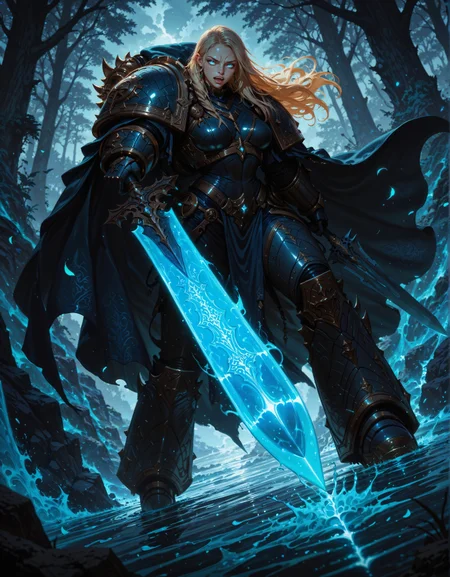 masterpiece, best quality,high quality, newest, highres,8K,HDR,absurdres, iLLemanR40K, 1girl, solo, necklace, long hair, bangs, blue eyes, fangs, glowing eyes, enchanted sword, floating petals, power armor, intricate patterns, ethereal glow, holding sword, armored gauntlets, high fantasy, flowing cape, standing on water, floral motifs, blue and gold palette, celestial symbols, moonlit background, misty environment, depth of field, dramatic lighting, mystical aura, detailed background, dynamic pose, foreshortening, fantasy illustration, glowing runes, limited palette, elegant battle stance, cinematic shot., detailed background, dynamic pose, dynamic composition,dutch angle, detailed backgroud,foreshortening,blurry edges <lora:iLLemanR40K:1> <lora:iLLMythG0thicL1nes:0.8> G0thicL1nes