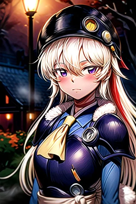 best quality 1girl Setsun4 solo long hair, (night time) forest background black hair very long hair purple eyes multicolored hair armor, small, (fur trim) (medium body),<lora:EMS-179-EMS:0.800000>,<lora:EMS-293862-EMS:0.800000> bow, hair_bow, hair_tubes, red_bow, brown_hair, long_hair, bangs, ascot, frilled_bow, yellow_ascot, blush, smile, hair_between_eyes, athletic, armor, miko, strengthmda, Smiling, happy, (helmet), Samurai Helmet