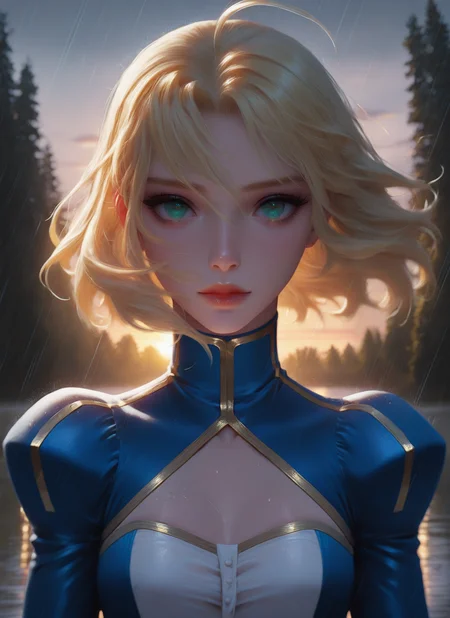 artist:, masterpiece, best quality, newest, very awa, absurdres, highres, sfw, dprd, 1girl, saber \(fate stay night\), lips, green eyes, blonde hair, blue dress, looking at viewer, sunset, ancient forest, rain, wind, detailed, <lora:DeepRed-Style:1.0>