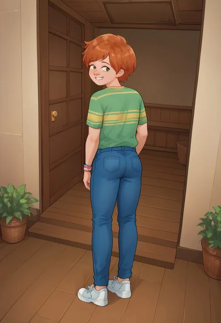 KamonStyle, anime-inspired art, vibrant and clean color palette, smooth shading, clean linework, detailed linework, isometric or dynamic perspective, expressive characters, attention to environmental details, storytelling-focused composition, full body of characters visible,
score_9, score_8_up, score_7_up, highly detailed, cute boy, 1boy, solo, Bill_Murphy, Ginger Hair, Freckles, Striped Green Shirt, Blue Pants, Sneakers, shy smile, from behind, looking back,